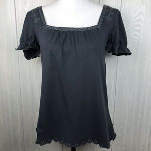 Anthropologie Deletta gray embroidered ruffle short sleeve top